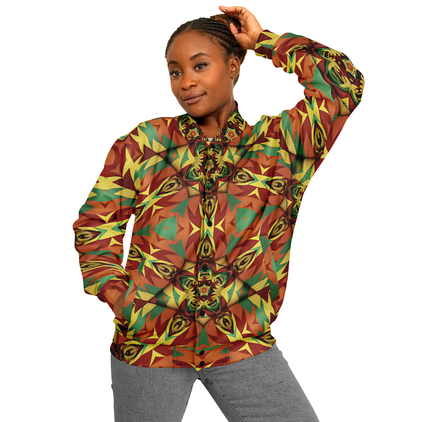 Women's Bold Tribal Kaleidoscope Pattern All Over Print Baseball Jacket