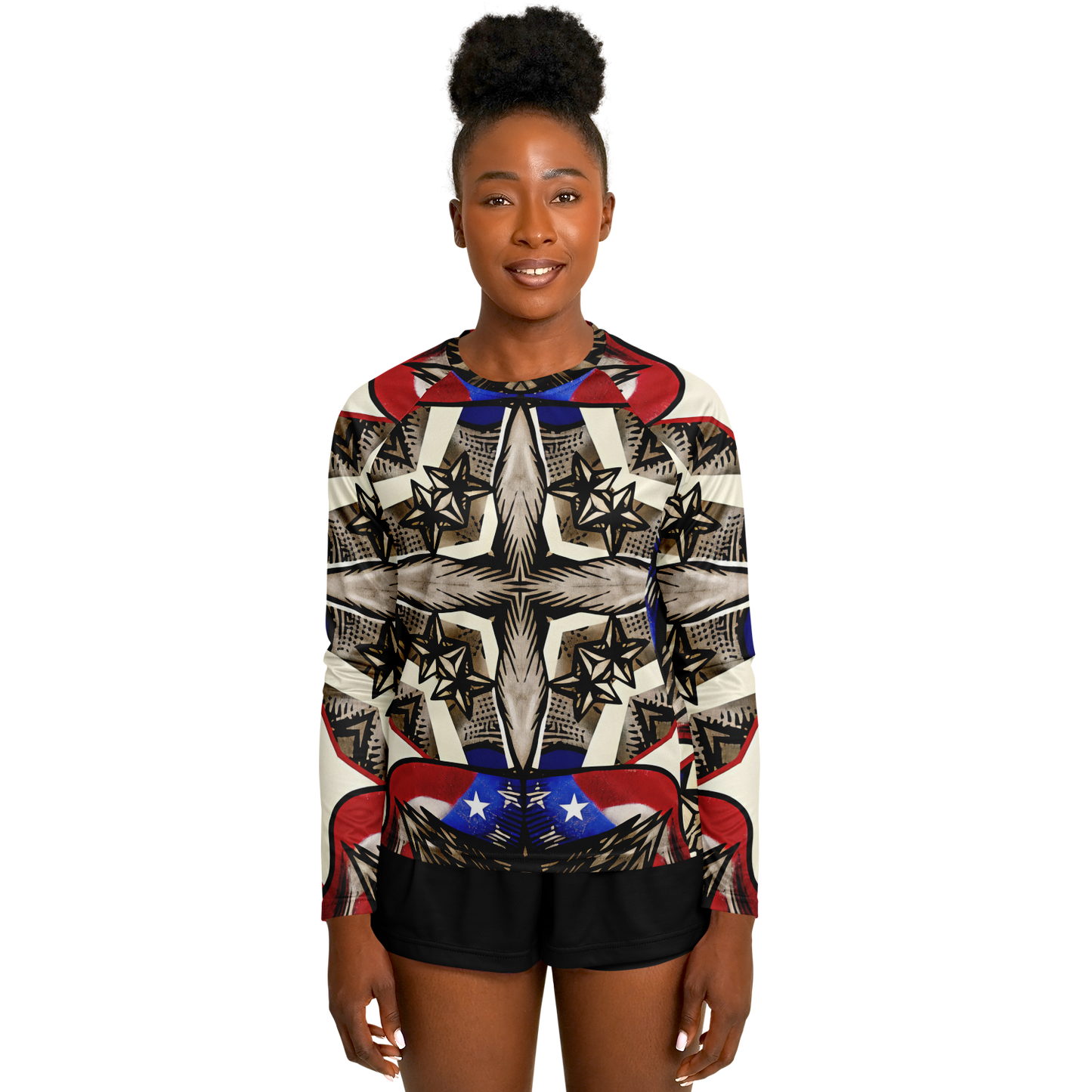 Women's Patriotic Star Kaleidoscope Pattern All-Over Print Long Sleeve Performance Shirt