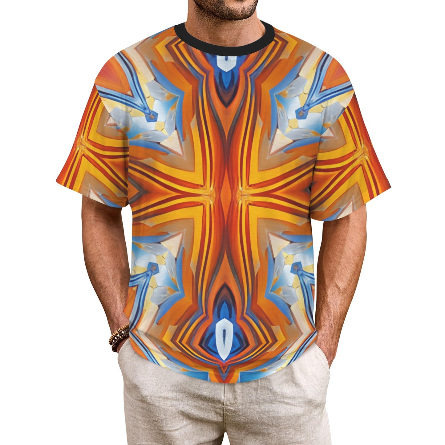 Men's Abstract Flame Kaleidoscope Pattern All Over Print All Over Print Ribbed Collar T-Shirt.