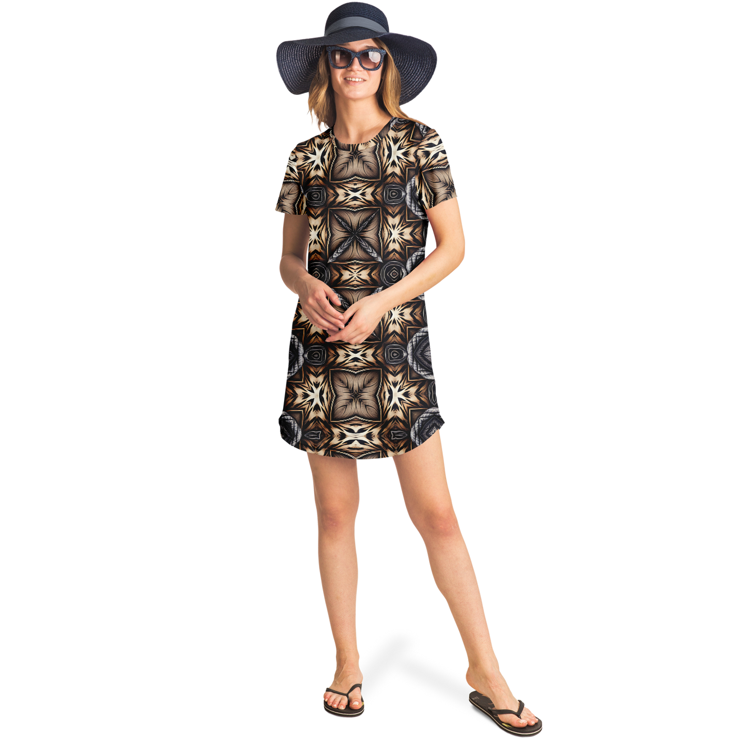 Women's Geometric Kaleidoscope Brown Pattern All Over Print T-Shirt Dress