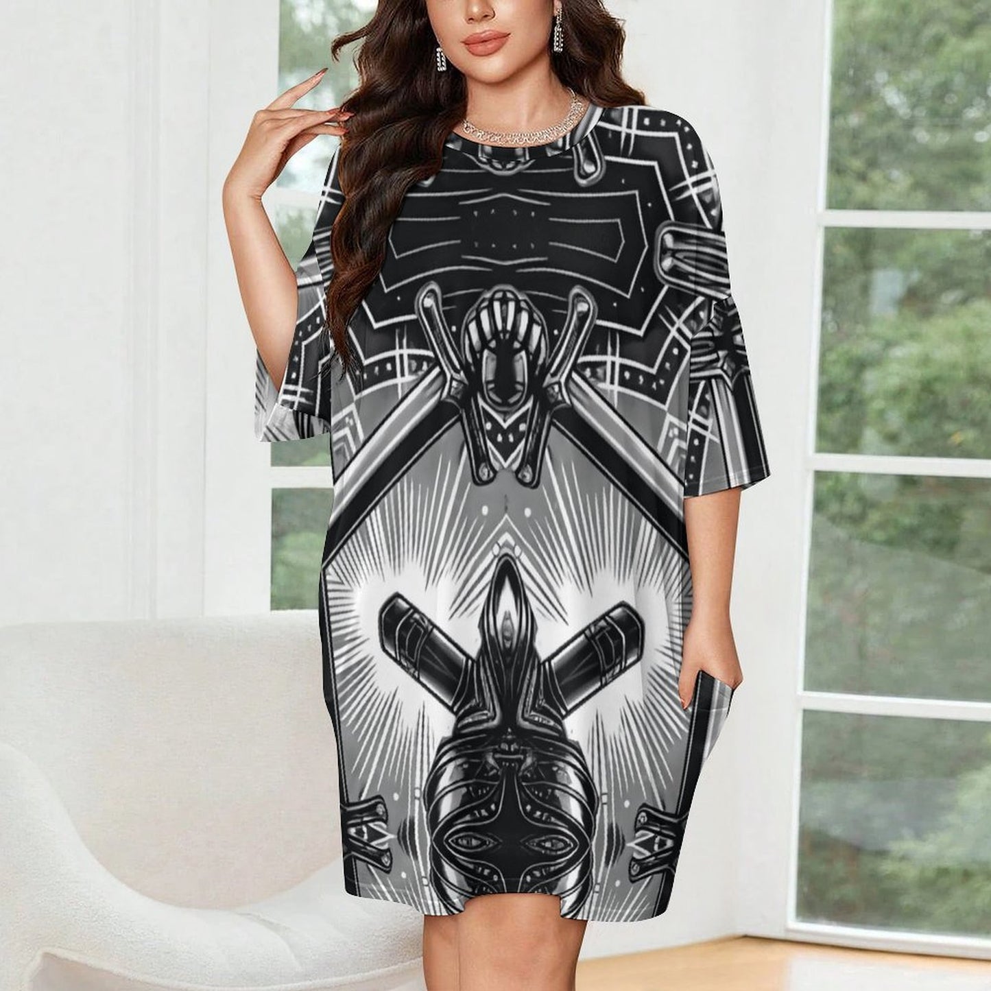 Women's Monochrome Kaleidoscope Pattern All-Over Print Oversized T- Shirt Loungewear