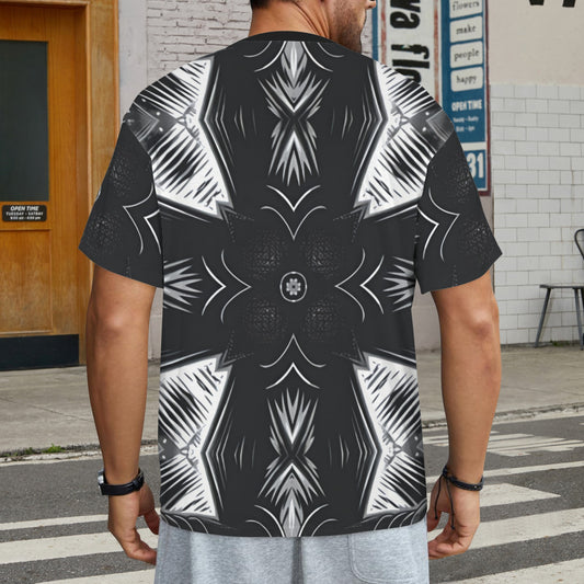 Men's Black & White Geometric Pattern All Over print All Over Print Ribbed Collar T-Shirt