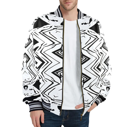 Men's Black & White Kaleidoscope Pattern All Over Print Striped Trim Bomber Jacket