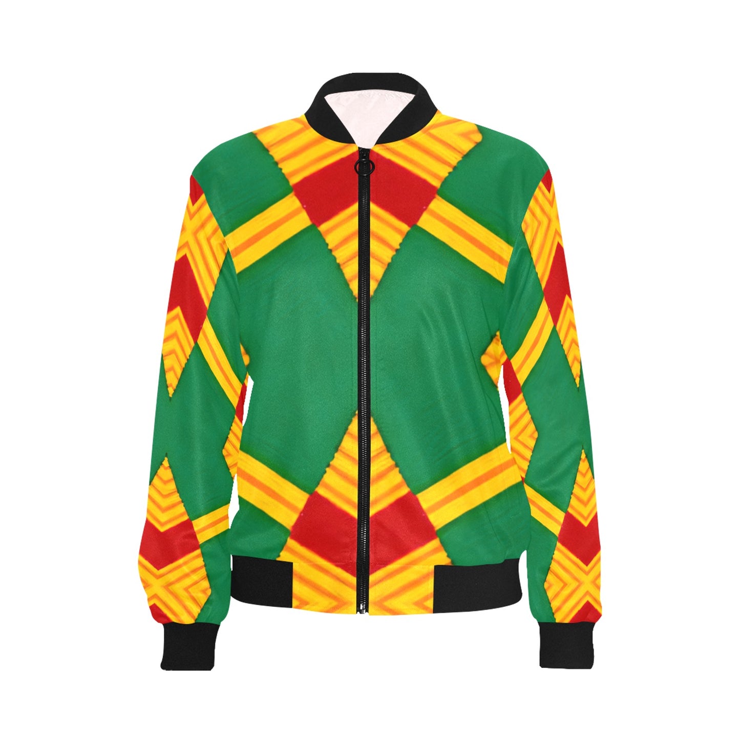 Women Bold Green, Red & Gold African Kente-Inspired Pattern All-Over Print Bomber Jacket