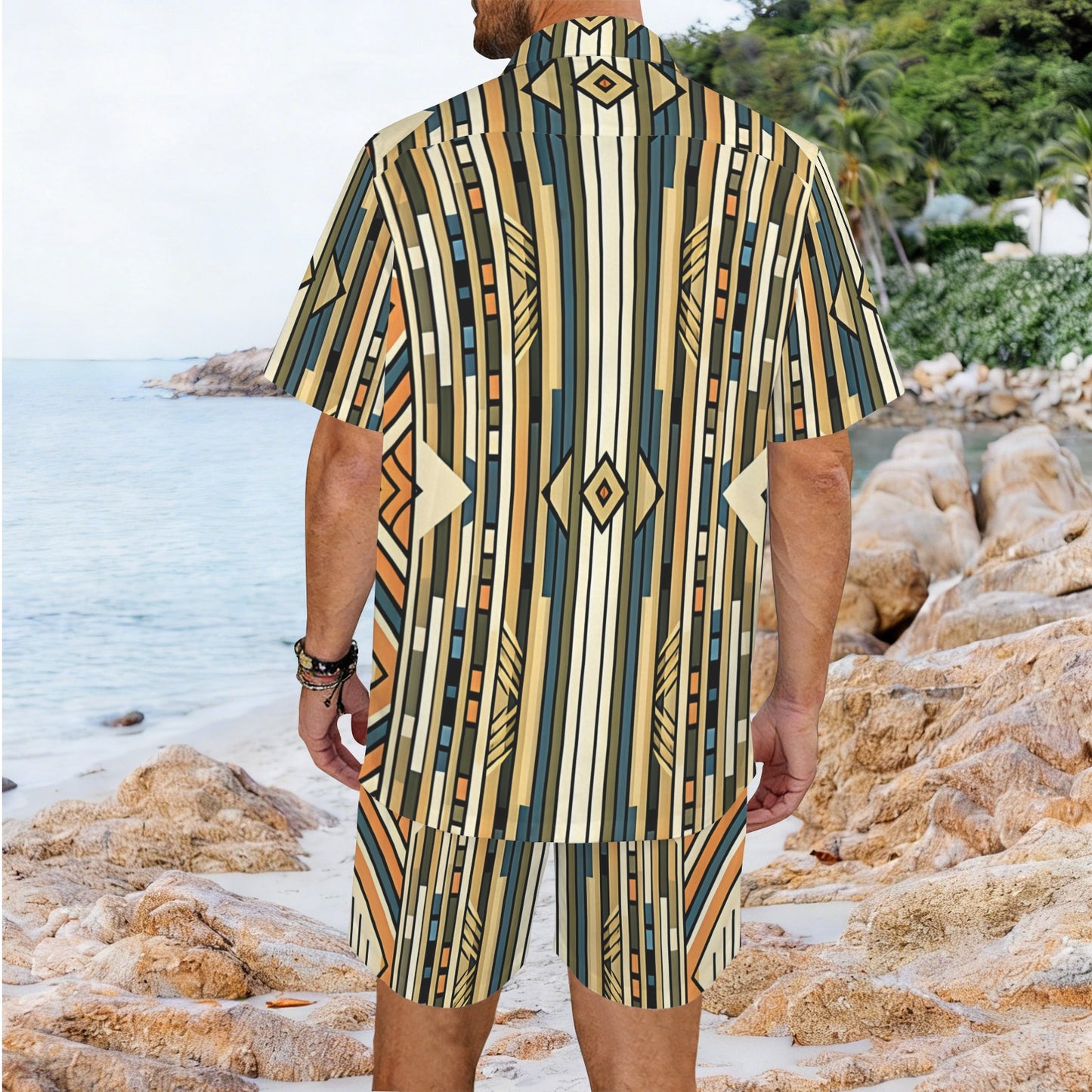 Men's Retro Geometric Tribal Pattern All-Over Print Men's Hawaiian Shirt & Shorts Set