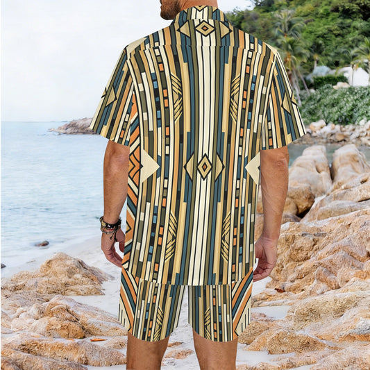 Men's Retro Geometric Tribal Pattern All-Over Print Hawaiian Shirt & Shorts Set