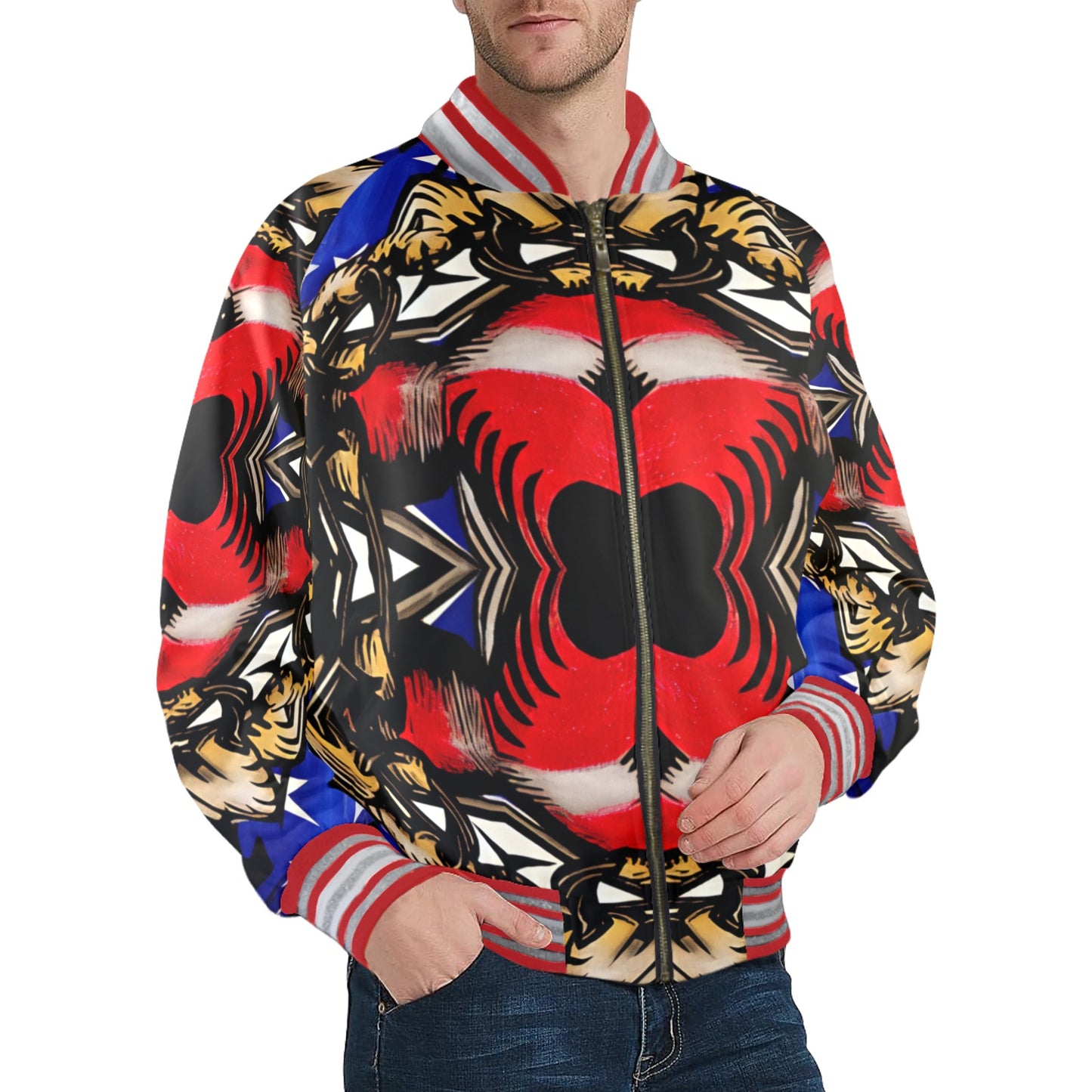Men's Patriotic Kaleidoscope Pattern All-Over Print Striped Trim Bomber Jacket