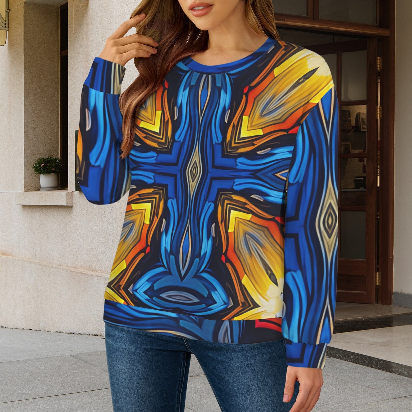 Women's Bold Blue & Gold Abstract Pattern All-Over Print Crew Neck Sweater