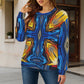 Women's Bold Blue & Gold Abstract Pattern All-Over Print Crew Neck Sweater