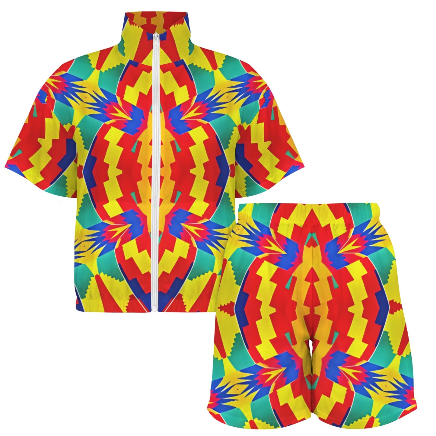 Women's Bold Rainbow Kente-Inspired Geometric Pattern All Over Print Windbreaker Short Set