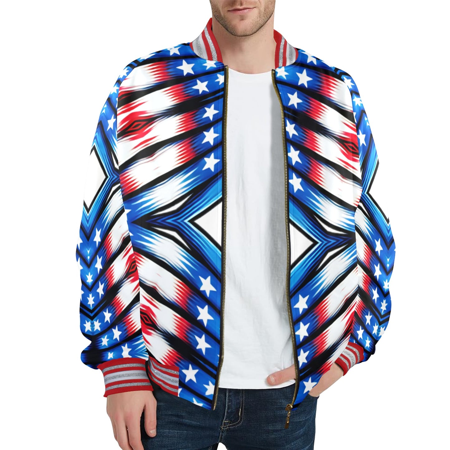 Men's Red White Blue Geometric Pattern All-Over Print All Over Print Striped Trim Bomber Jacket