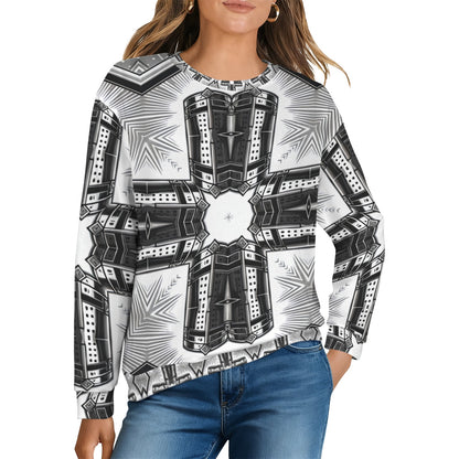 Women's Black & White Kaleidoscope Cross Pattern All Over Print Crew Neck Sweater.