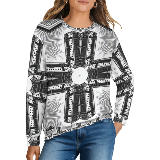 Women's Black & White Kaleidoscope Cross Pattern All Over Print Crew Neck Sweater.
