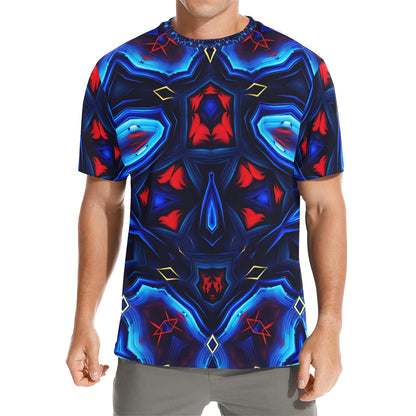Men's Blue & Red Kaleidoscope Pattern Men's All Over Print Crew Neck T-Shirt
