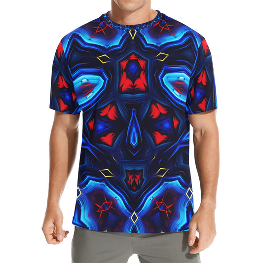 Men's Blue & Red Kaleidoscope Pattern Men's All Over Print Crew Neck T-Shirt