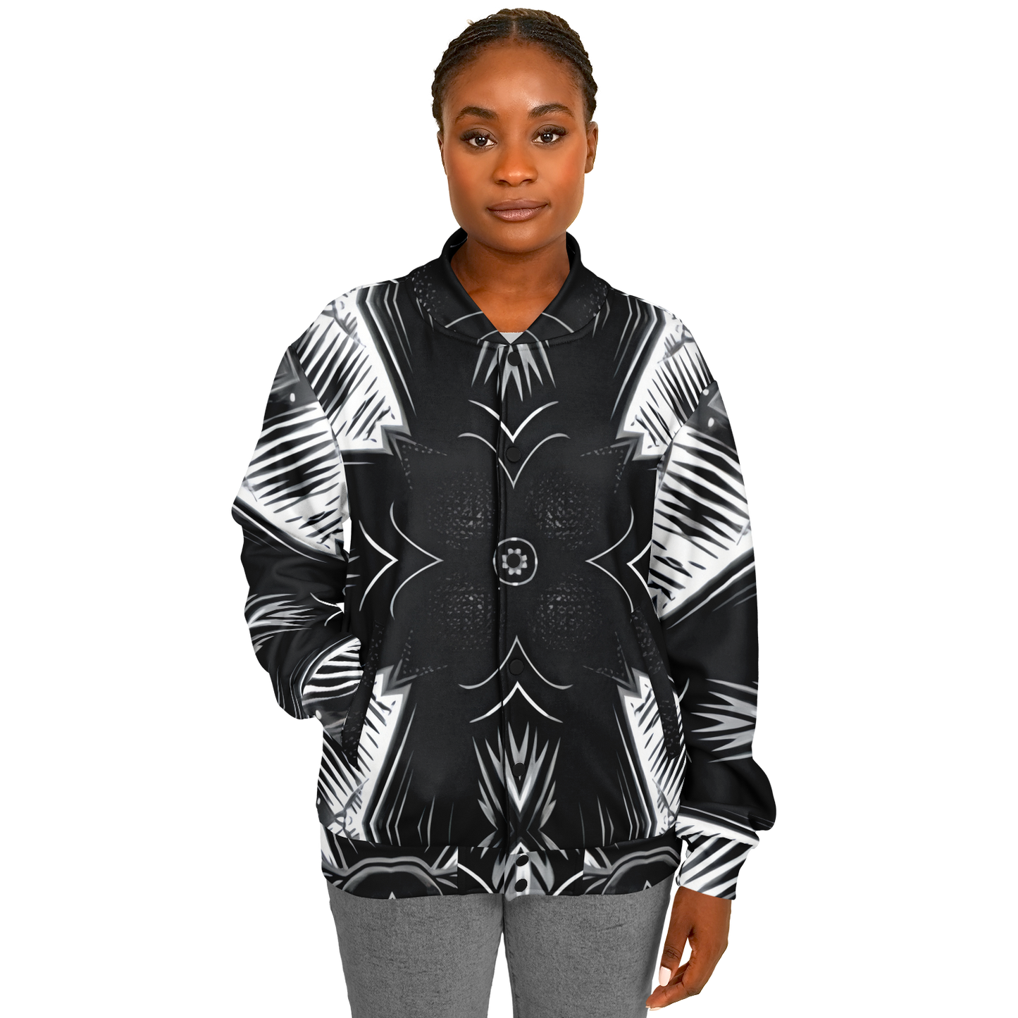 Women's Black & White Geometric Pattern All Over print All Over Print Baseball Jacket