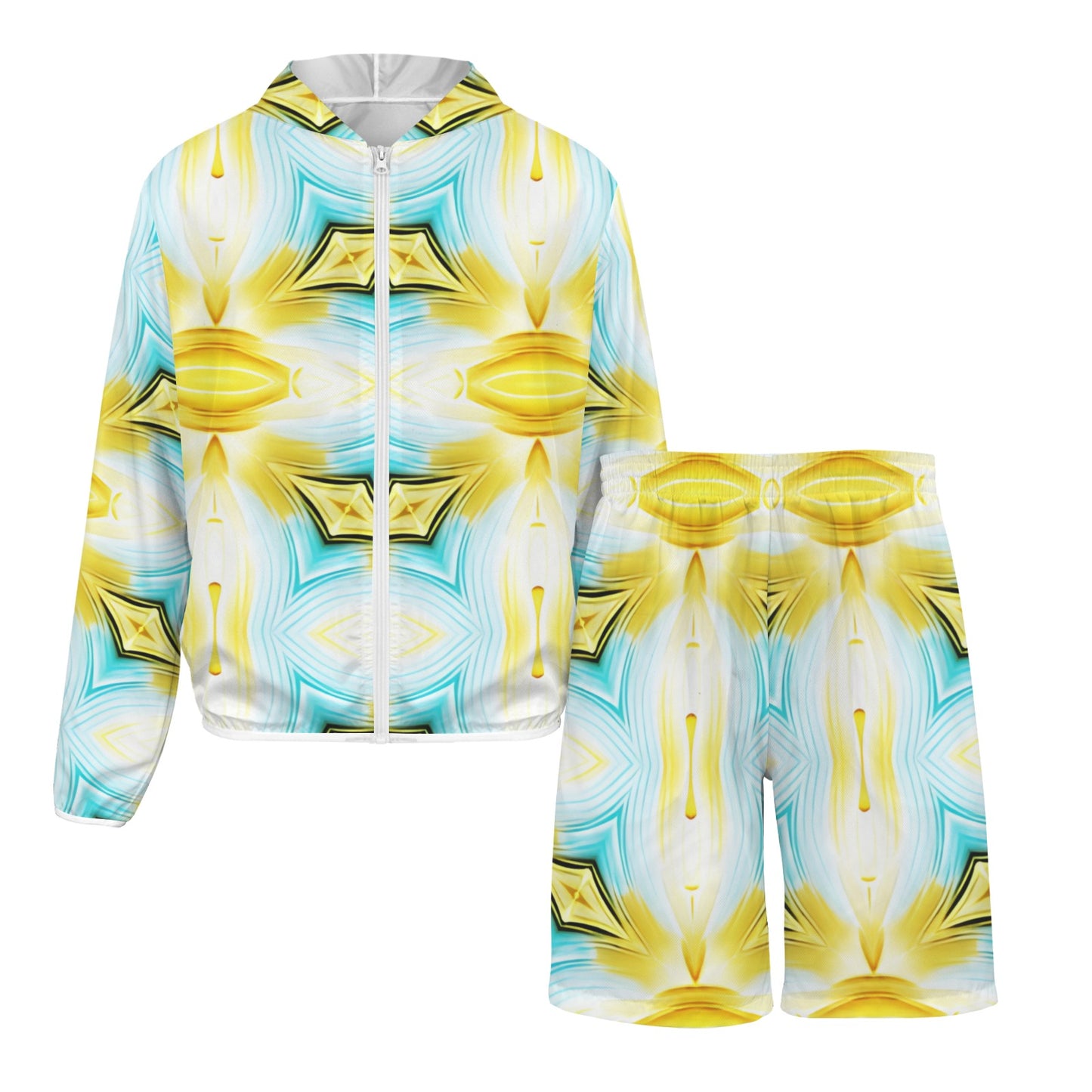 Men's Vibrant Kaleidoscope Geo Pattern All-Over Lightweight Sun Hoodie & Shorts Set
