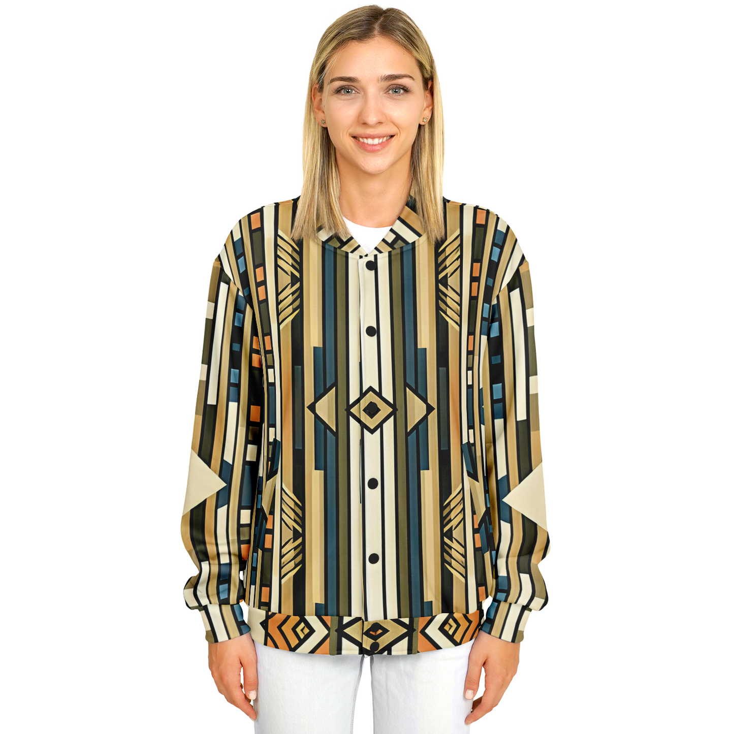 Women's Retro Geometric Tribal Pattern All-Over Print Baseball Jacket