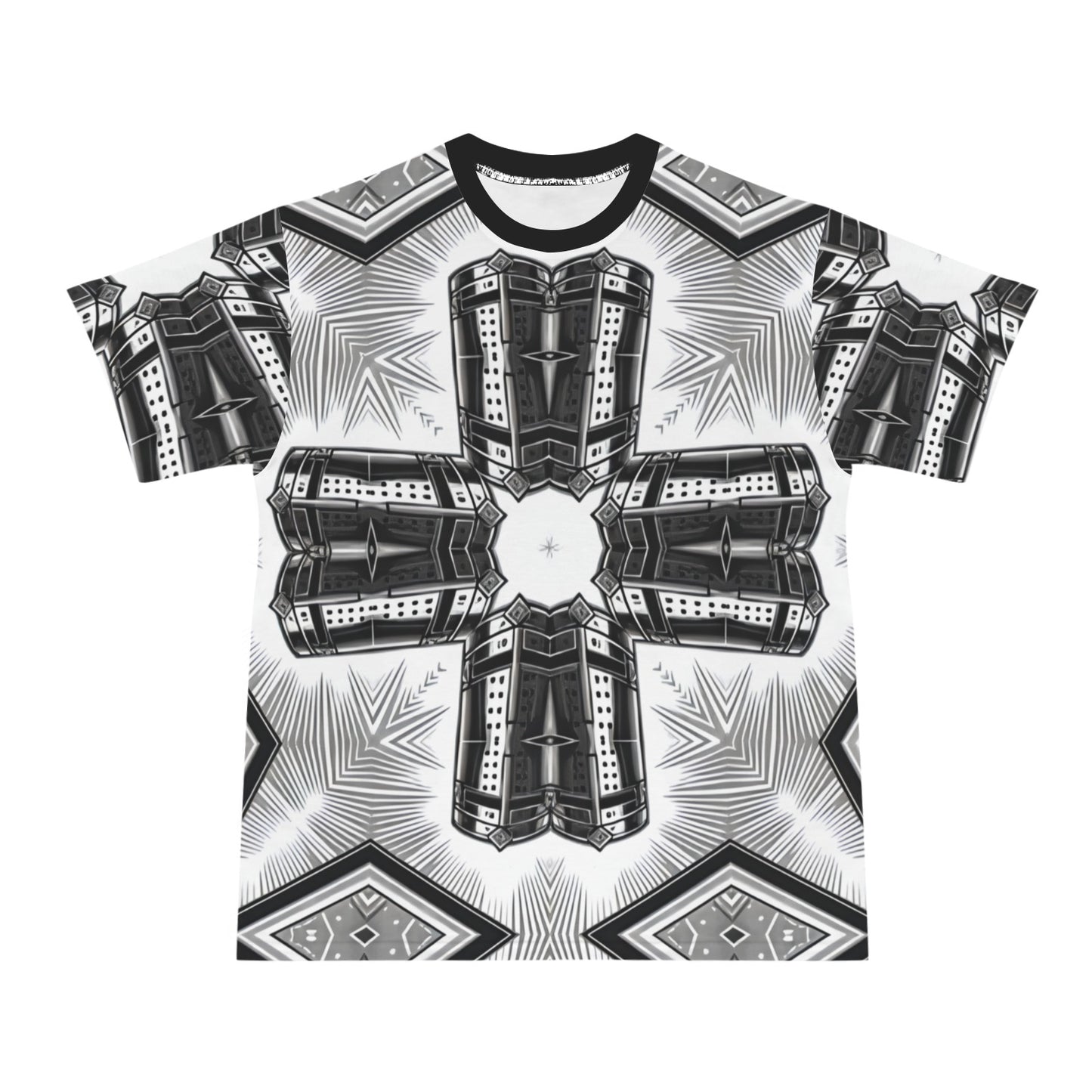 Men's Black & White Kaleidoscope Cross Pattern All Over Print All Over Print Ribbed Collar T-Shirt