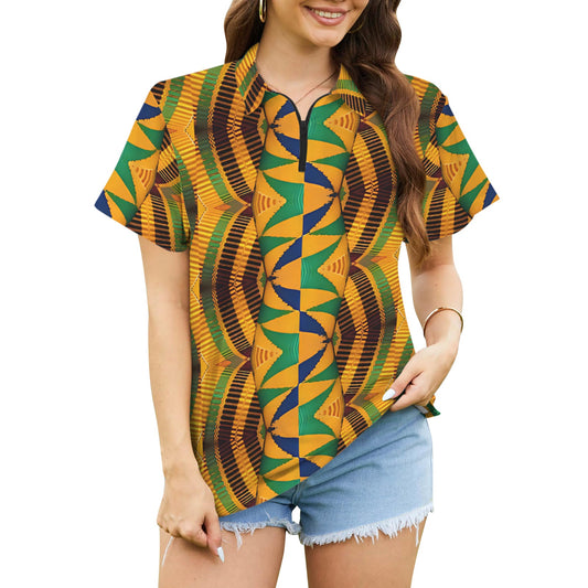 Women's African Kente Geometric Pattern All-Over Print Zipper Polo Shirt