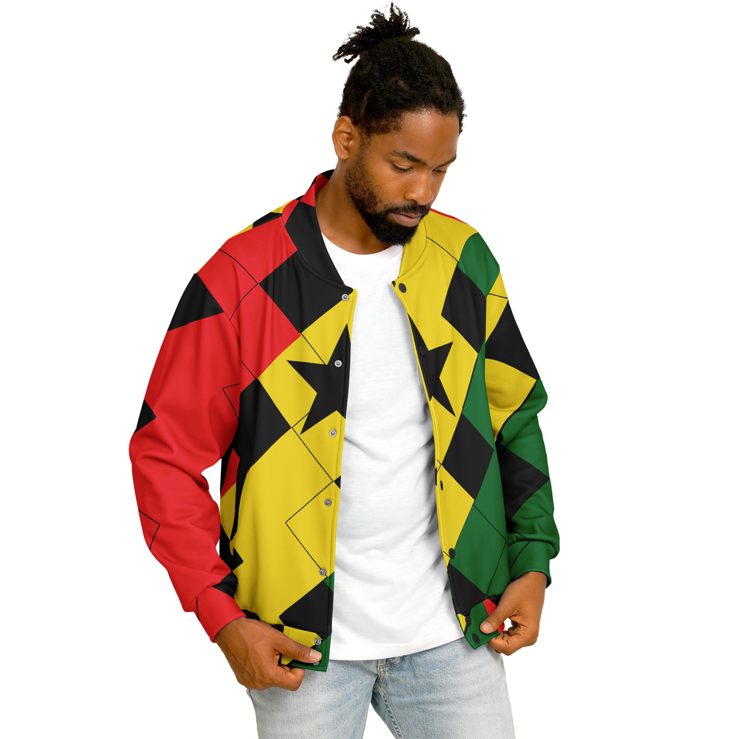 Men's Ghana Flag & Black Star Pattern All-Over Print Baseball Jacket