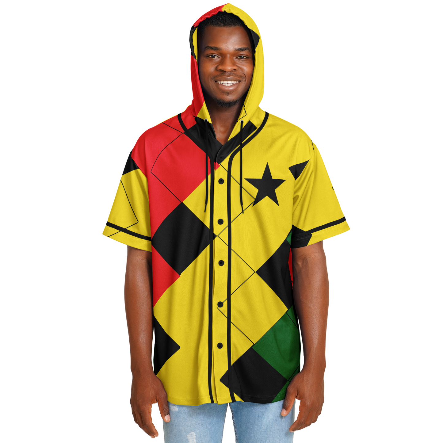 Men's Ghana Flag & Black Star Pattern All-Over Print Hooded Baseball Jersey