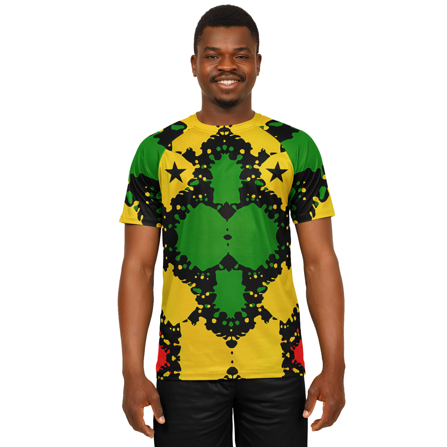 Men Bold Red Yellow Green & Black Star Geometric Pattern All Over Print Soccer Jersey