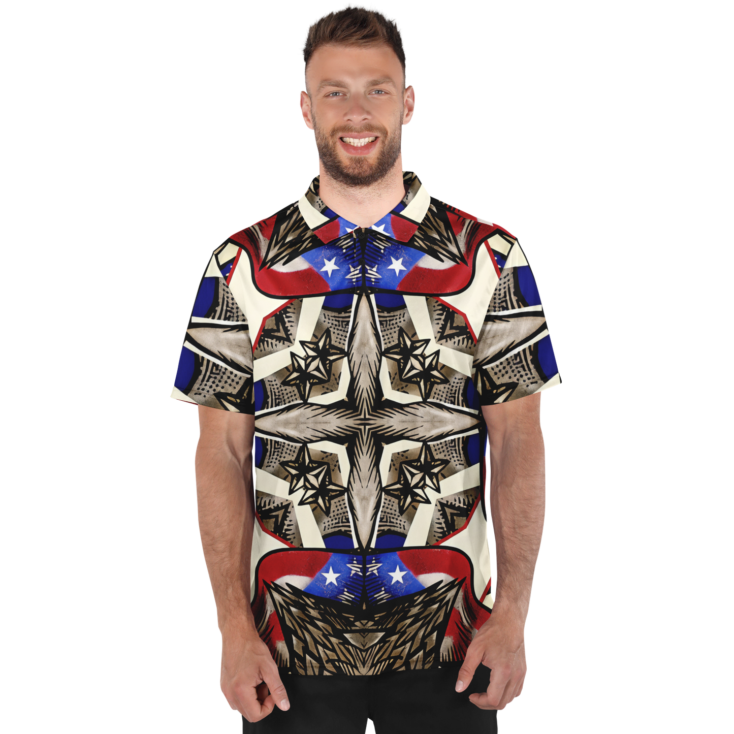 Men's Patriotic Stars & Cross Kaleidoscope Pattern All-Over Print Polo Shirt