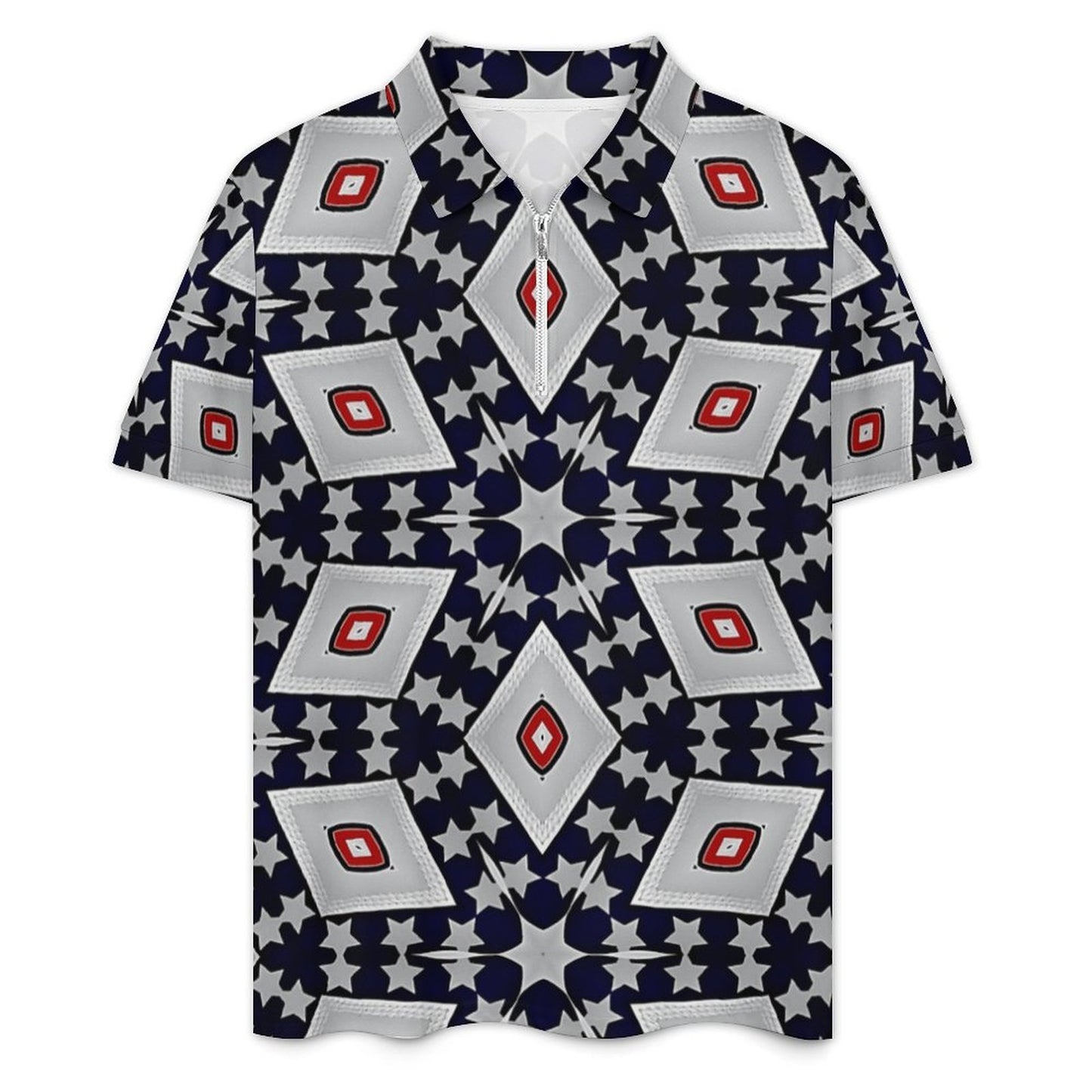 Men's Patriotic Red White Blue Geometric Zip-Up Polo Set