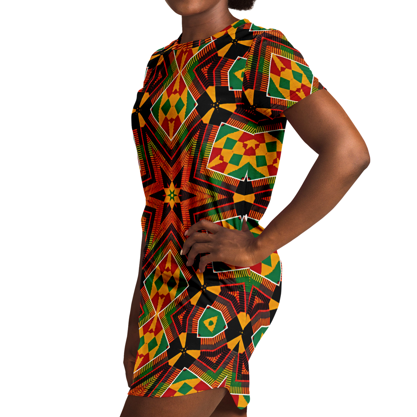 Women's African Kente Geometric Star Pattern All-Over Print T-Shirt Dress
