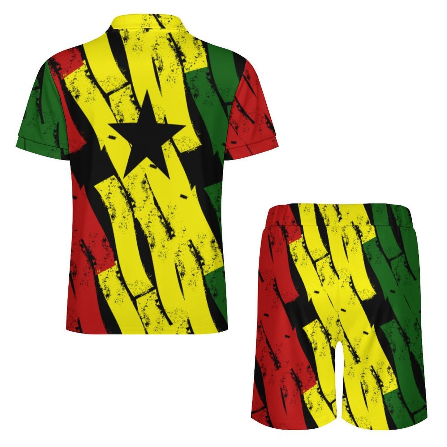 Men's Red Yellow Green and Black Stars Zip-Up Polo Set