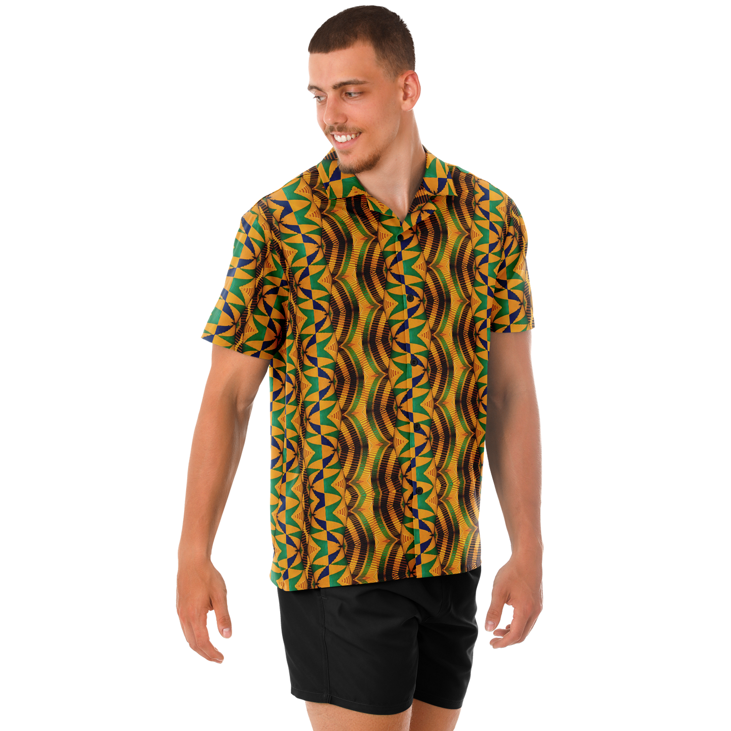 Men's African Kente Kaleidoscope Pattern All-Over Print Spread Collar Short Sleeve Button-Down Shirt