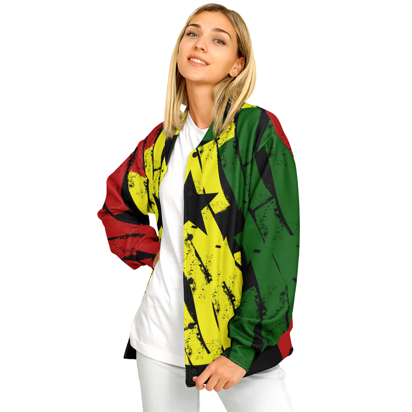 Women's Ghana Flag & Black Star Pattern All-Over Print Baseball Jacket
