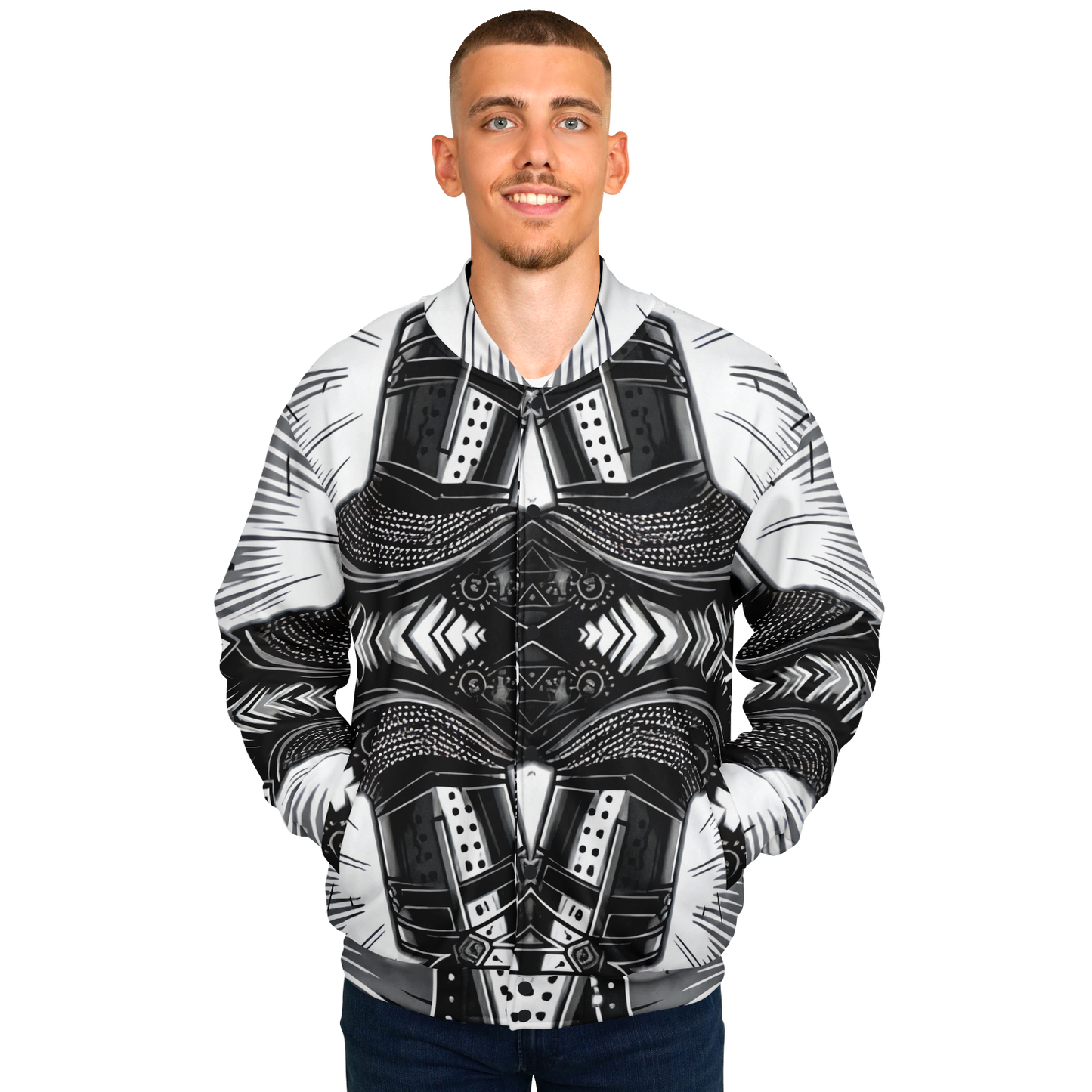 Men's Classic Black & White Geometric Pattern All Over Print Baseball Jacket