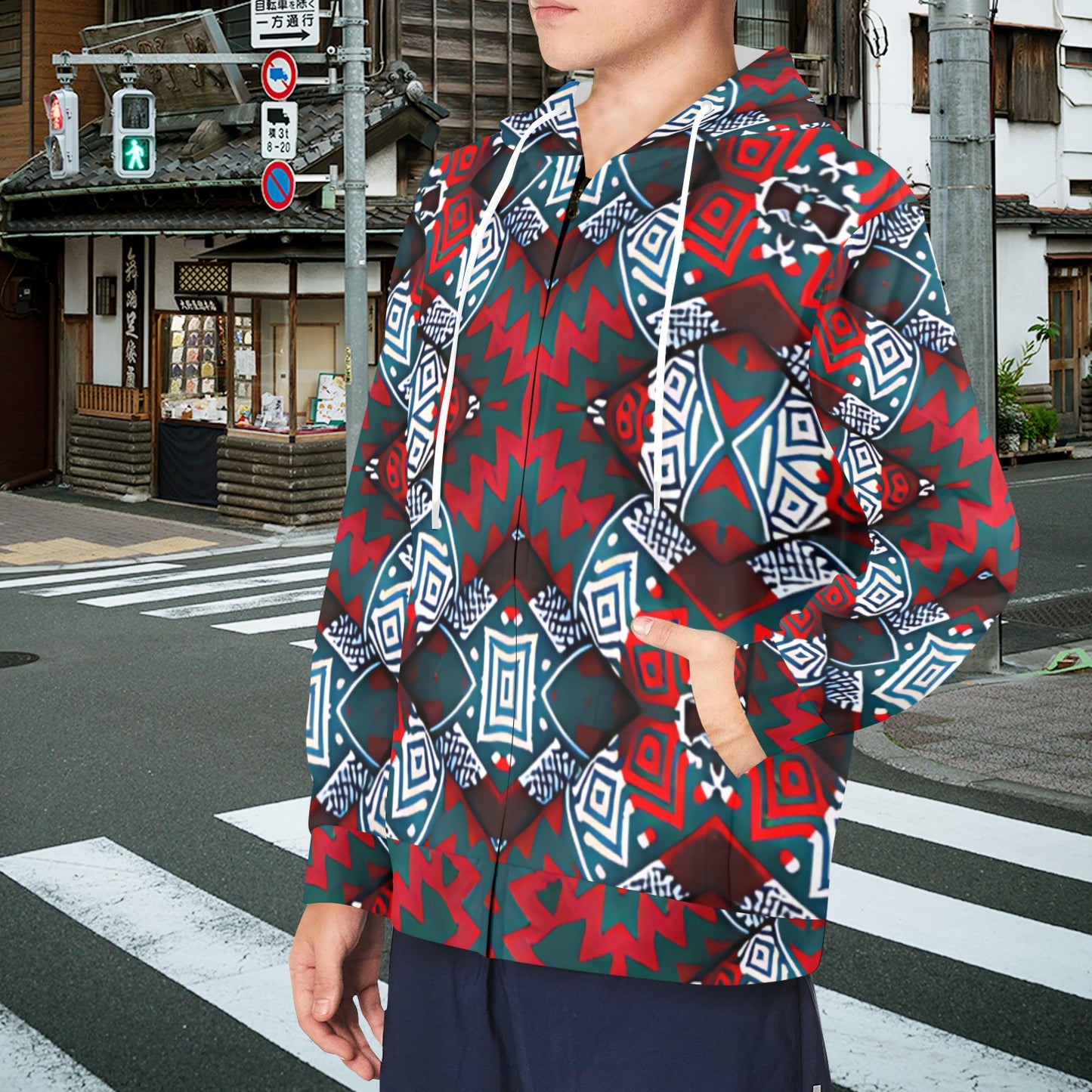 Men's Red, Green & White Teal Aztec Geo Pattern All-Over Print Fleece Full-Zip Hoodie
