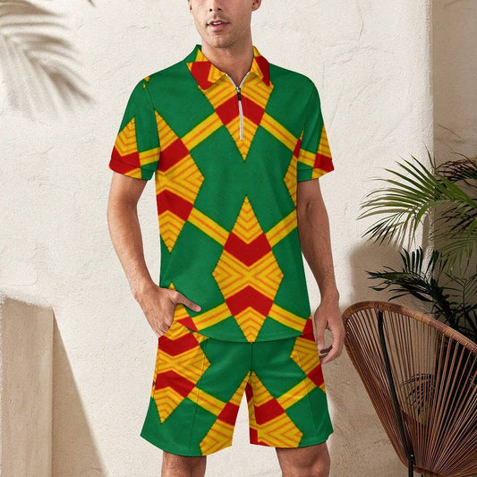 Men Bold Green, Red & Gold African Kente-Inspired Pattern All-Over Print Zip-Up Polo Set