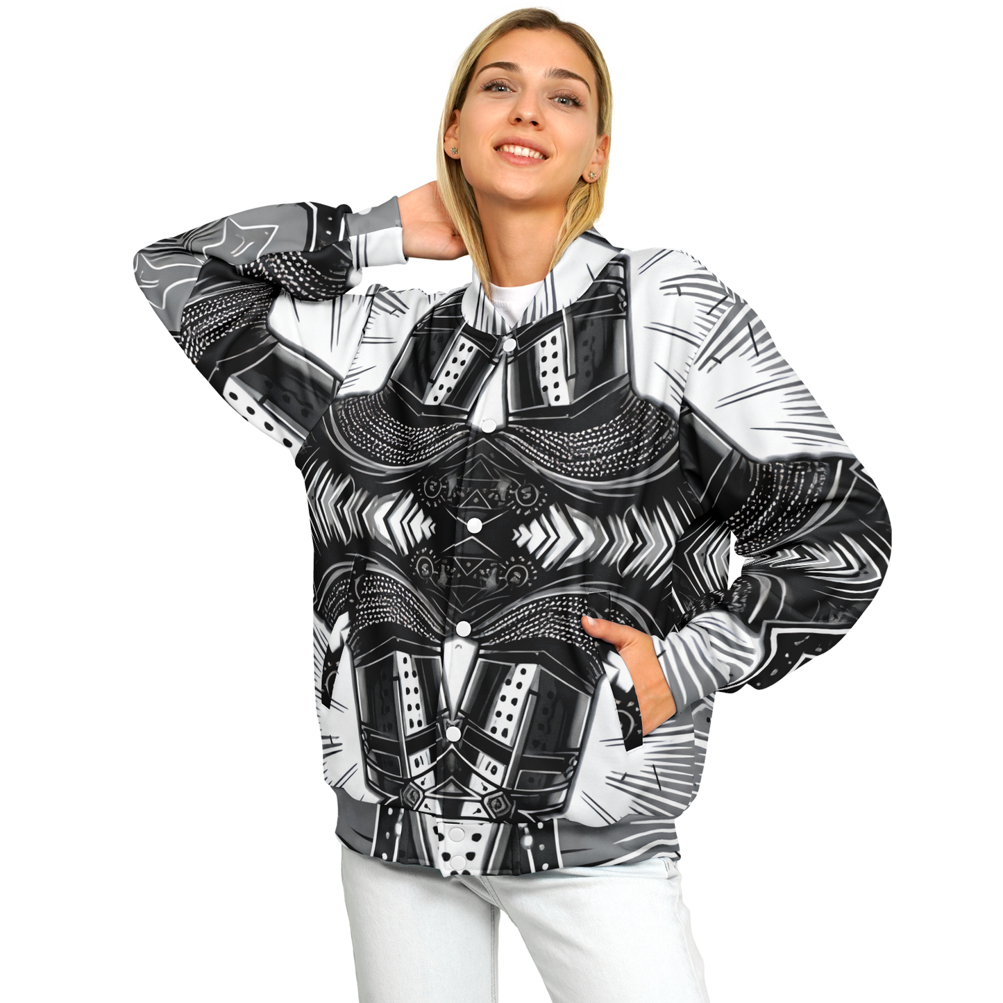 Women's Classic Black & White Geometric Pattern All Over Print Baseball Jacket