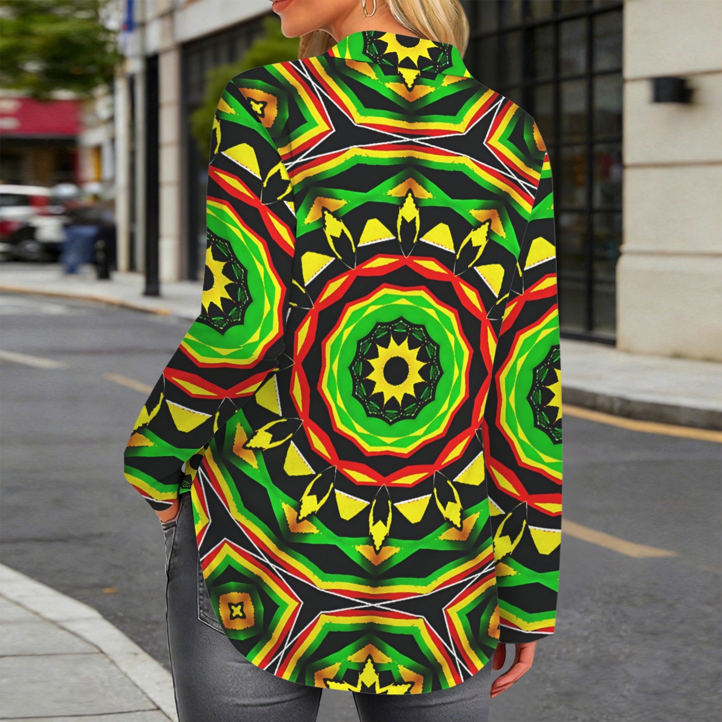 Women's Psychedelic Bold Reggae Colors All Over Print Long Sleeve Curved Hem Shirt