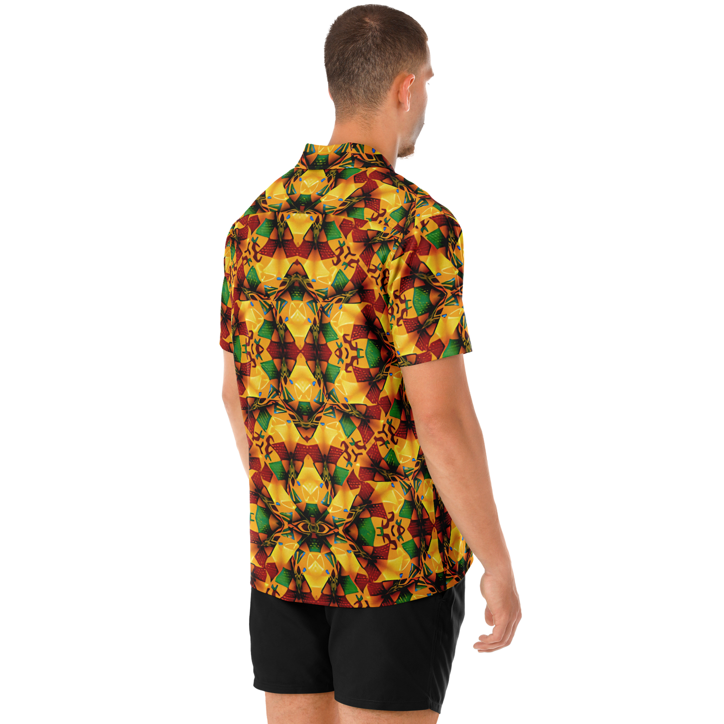 Men's Vibrant Autumn Kaleidoscope Pattern Spread Collar Short Sleeve Button-Down All Over Print Shirt.