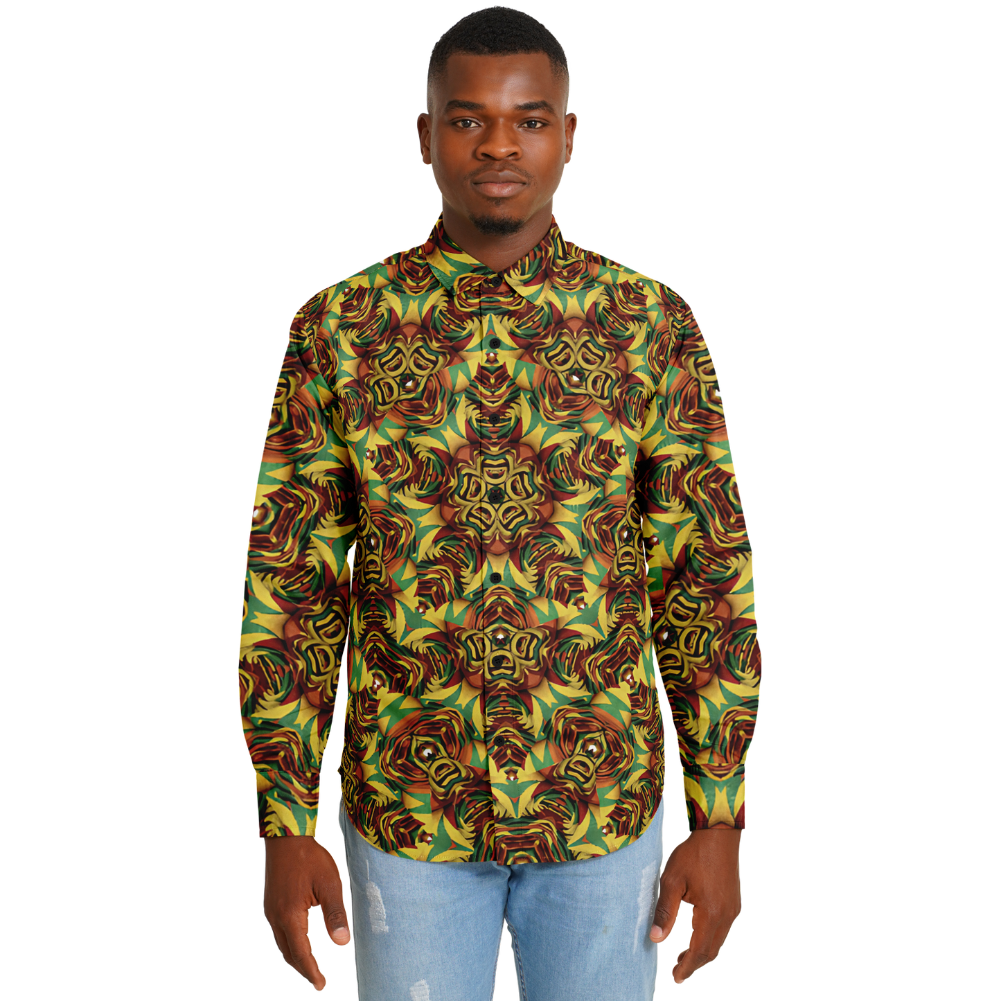 Men's Vibrant Geometric Pattern Spread Collar Long Sleeve Button-Down All Over Print Shirt.