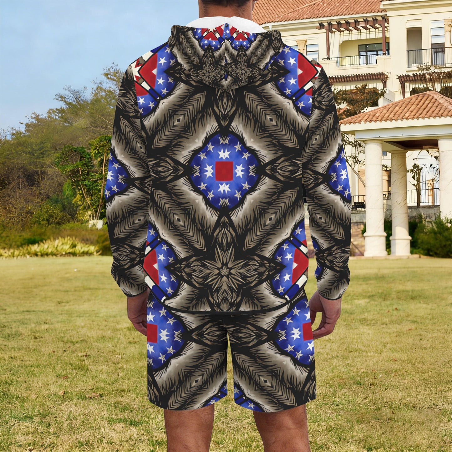 Men's Patriotic Kaleidoscope Pattern All-Over Print Lightweight Sun Hoodie & Shorts Set
