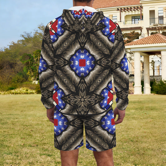 Men's Patriotic Kaleidoscope Pattern All-Over Print Lightweight Sun Hoodie & Shorts Set