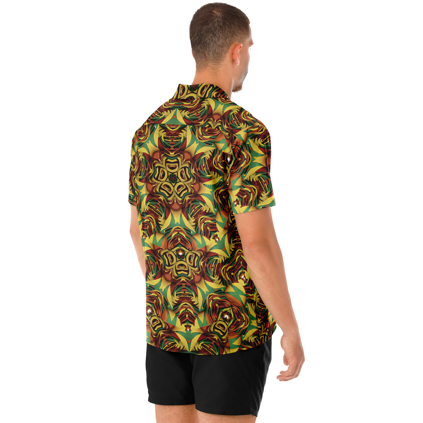 Men's Vibrant Geometric Pattern Spread Collar Short Sleeve Button-Down All Over Print Shirt