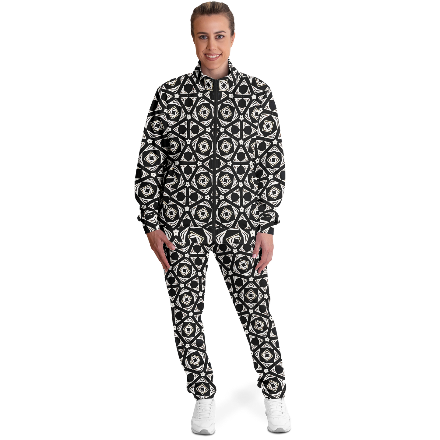Women's Black Geometric Pattern Track Jacket and Pants