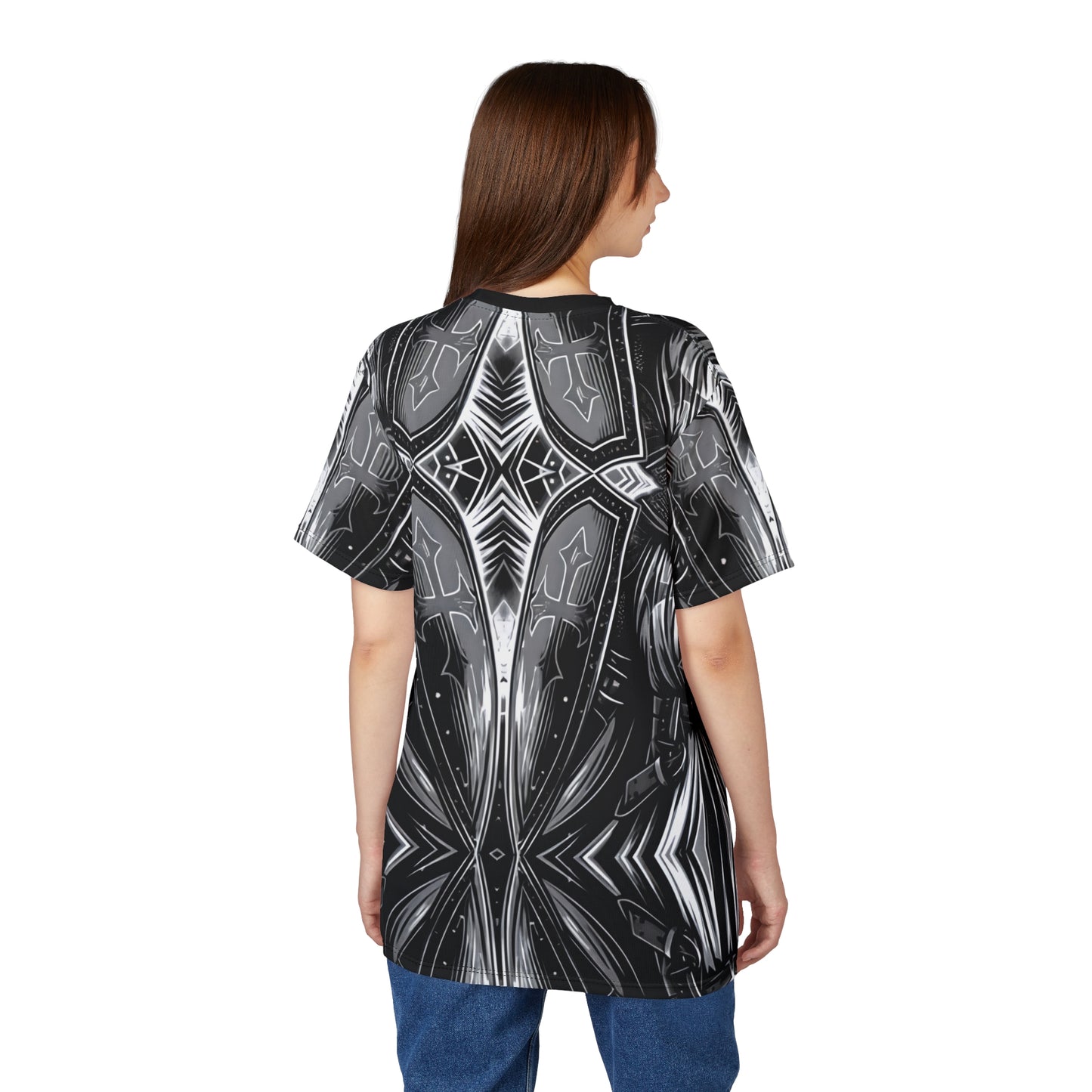 Women's Abstract Black & Silver Kaleidoscope Pattern All Over print Tee