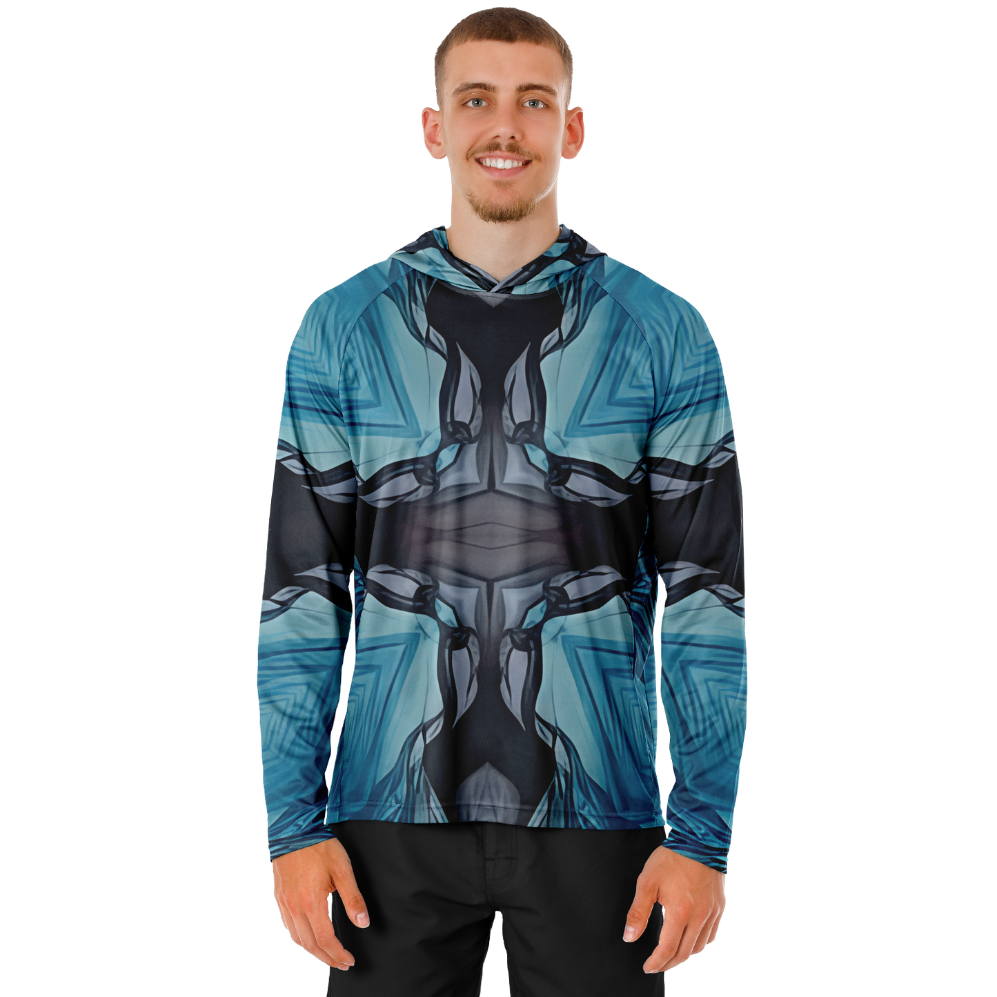Men's Abstract Blue Geometric Design All Over Print Long Sleeve Hooded Performance Shirt