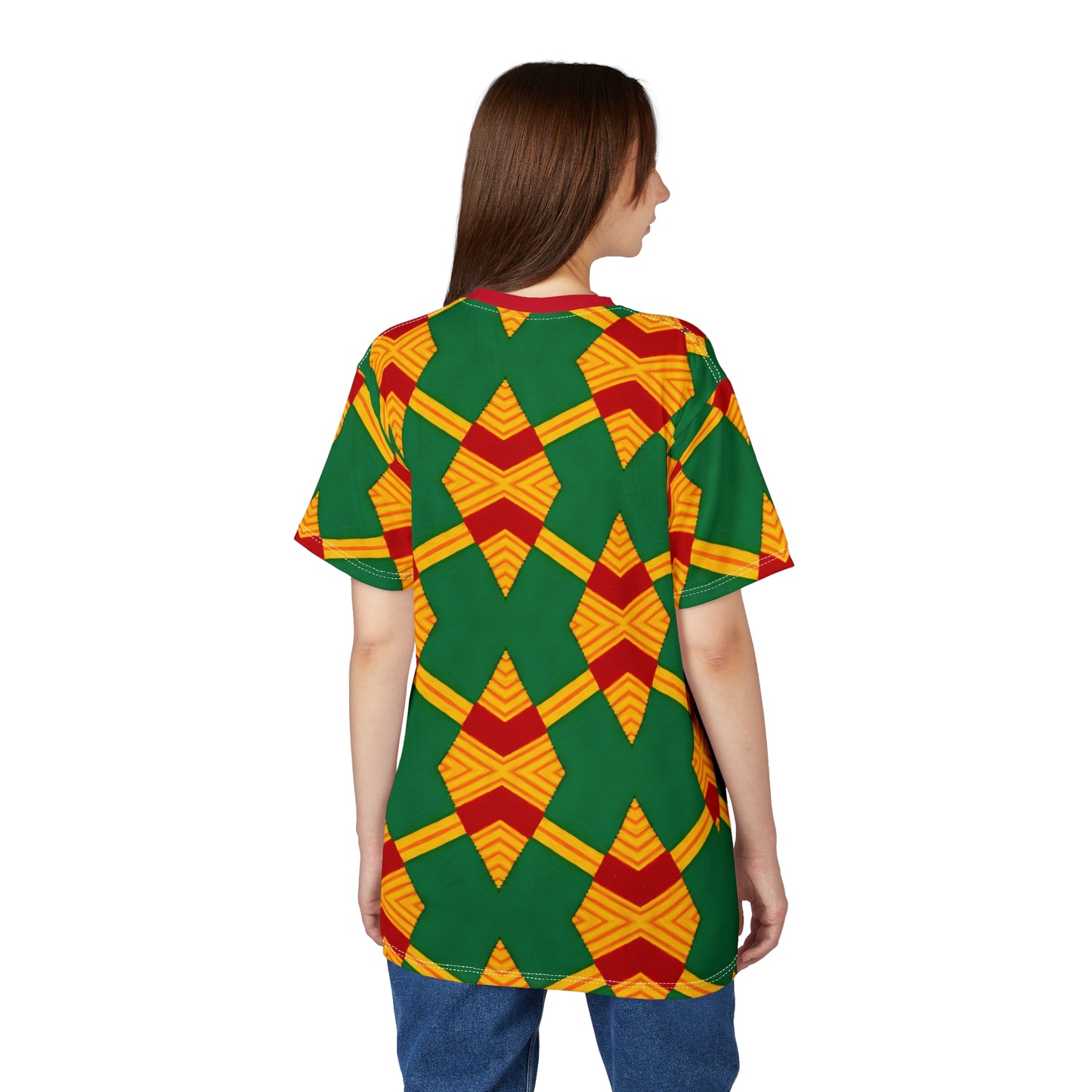 Women Bold Green, Red & Gold African Kente-Inspired Pattern  All-Over Print Tee