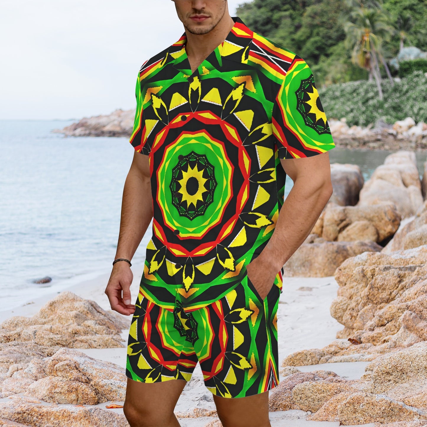 Men's Psychedelic Bold Reggae Colors All Over Print Hawaiian Shirt & Shorts Set