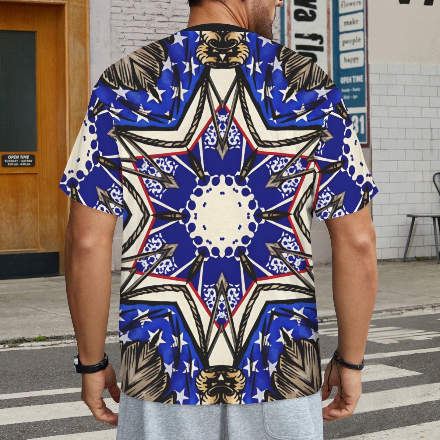 Men's Kaleidoscope Star Pattern All-Over Print Cut & Sew Ribbed Collar T-Shirt