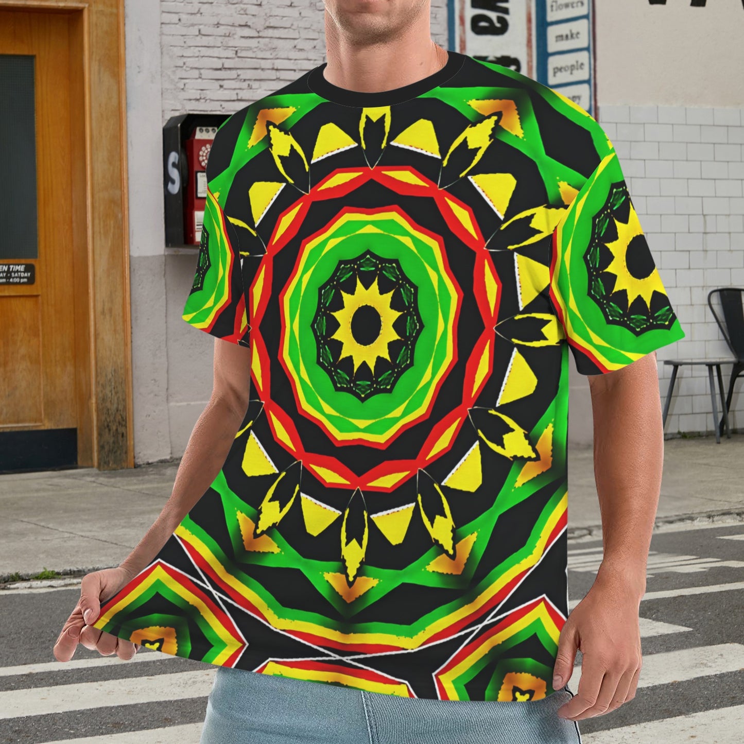 Men's Psychedelic Bold Reggae Colors All Over Print Ribbed Collar T-Shirt